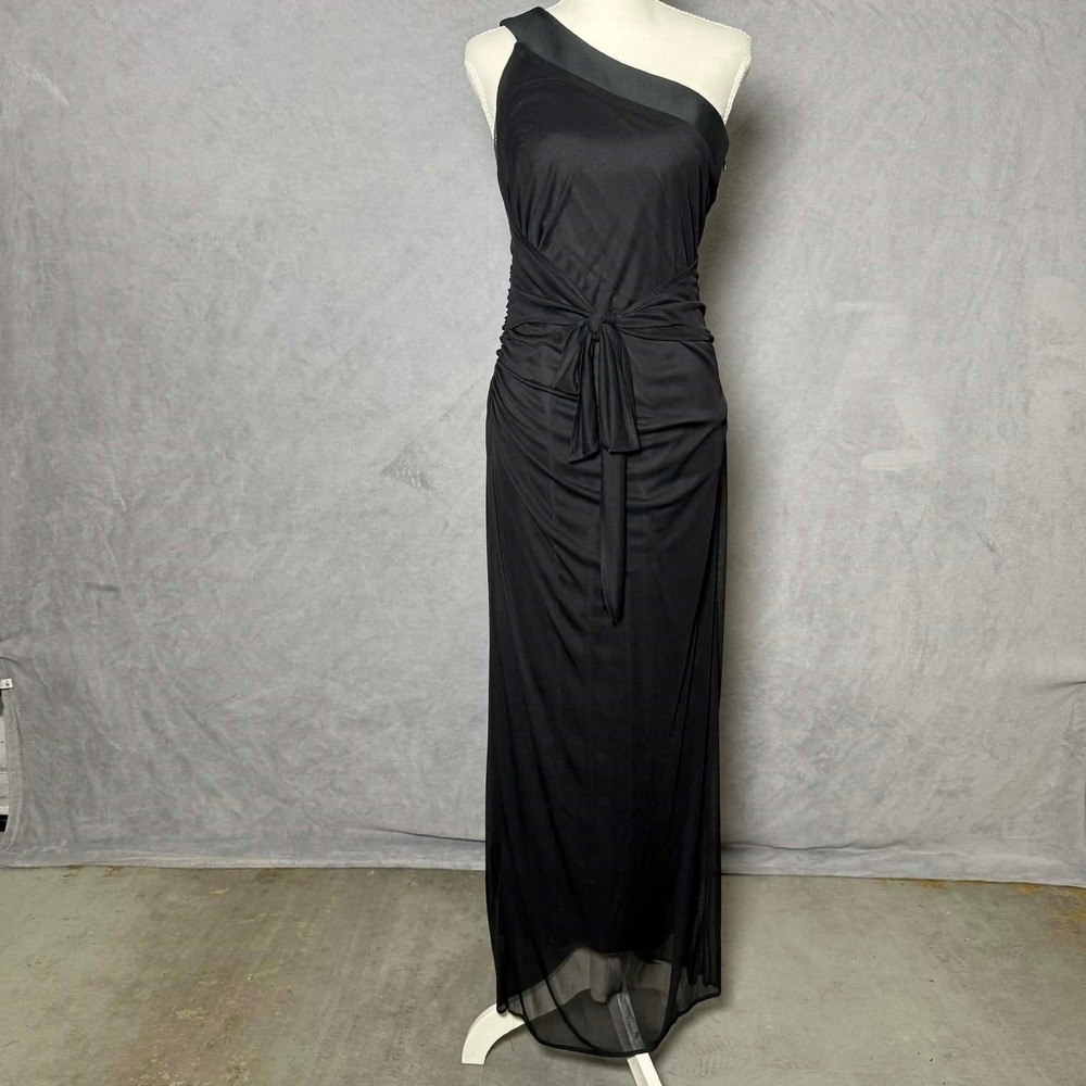 Fredericks Hollywood Size 8 Black One Shoulder Maxi Dress Ruched Slit Chic
